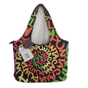 NWT Robin Ruth Hobo Tote Punta Cana Canvas Neon Logo Zipper Close COA New